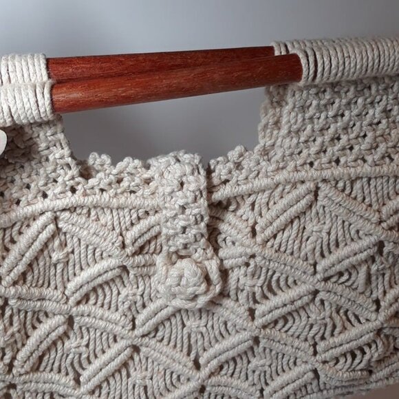 1970s Cotton Macrame and Wood Top-Handled Purse, 70’s Boho Handbag Philippines - Picture 3 of 9